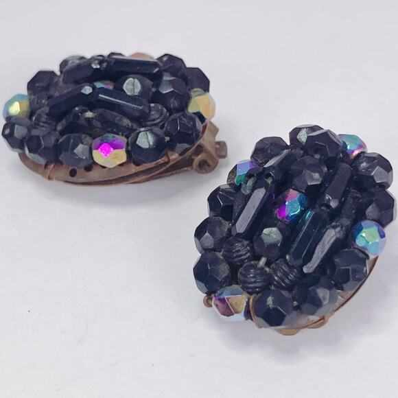 VTG Western German Glass AB Jet Black Cluster Clip On Earrings 1960s Cocktail - Picture 12 of 12